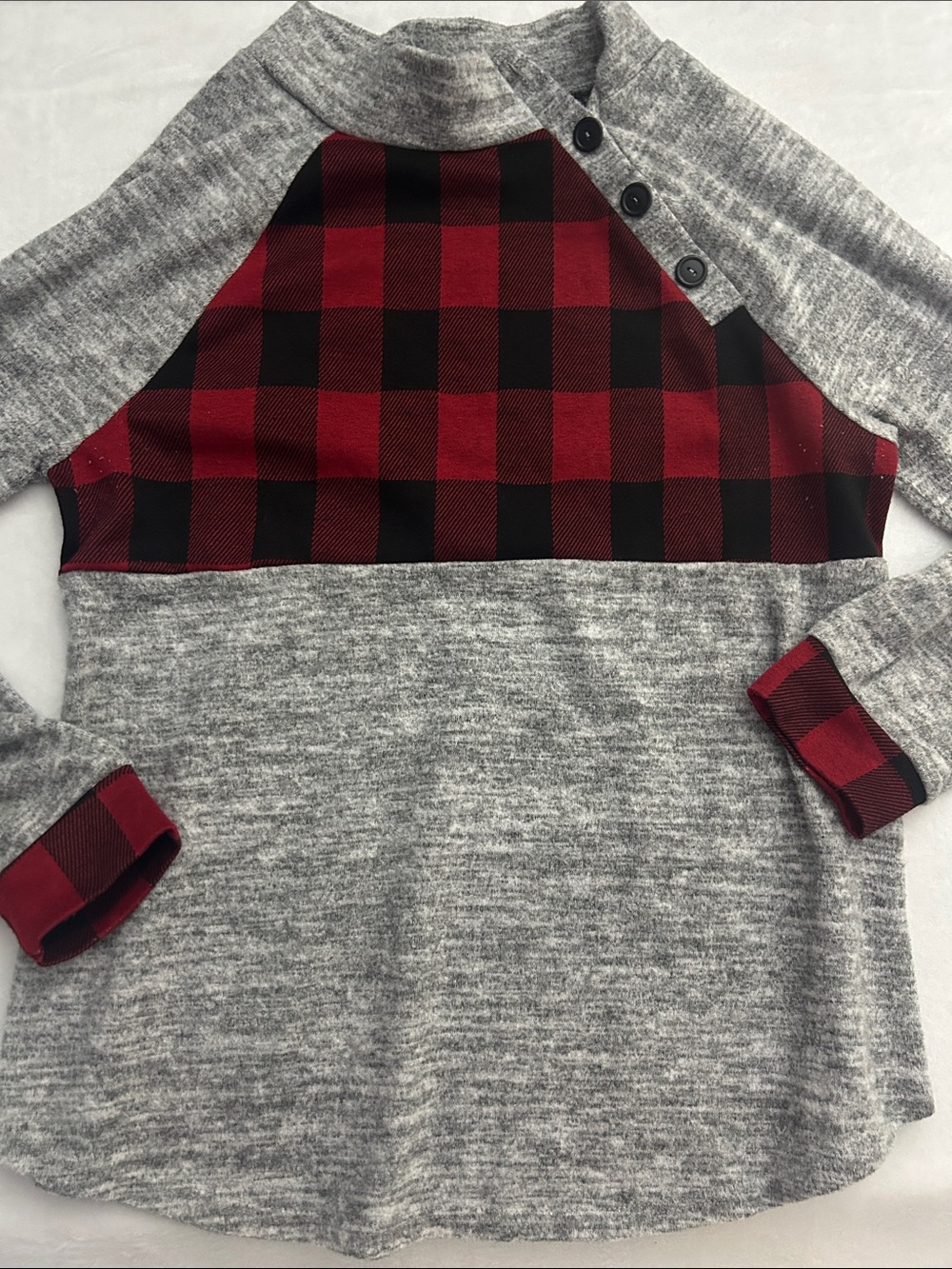 Filly Flair Gray and Red Buffalo Plaid Button Shoulder Sweatshirt